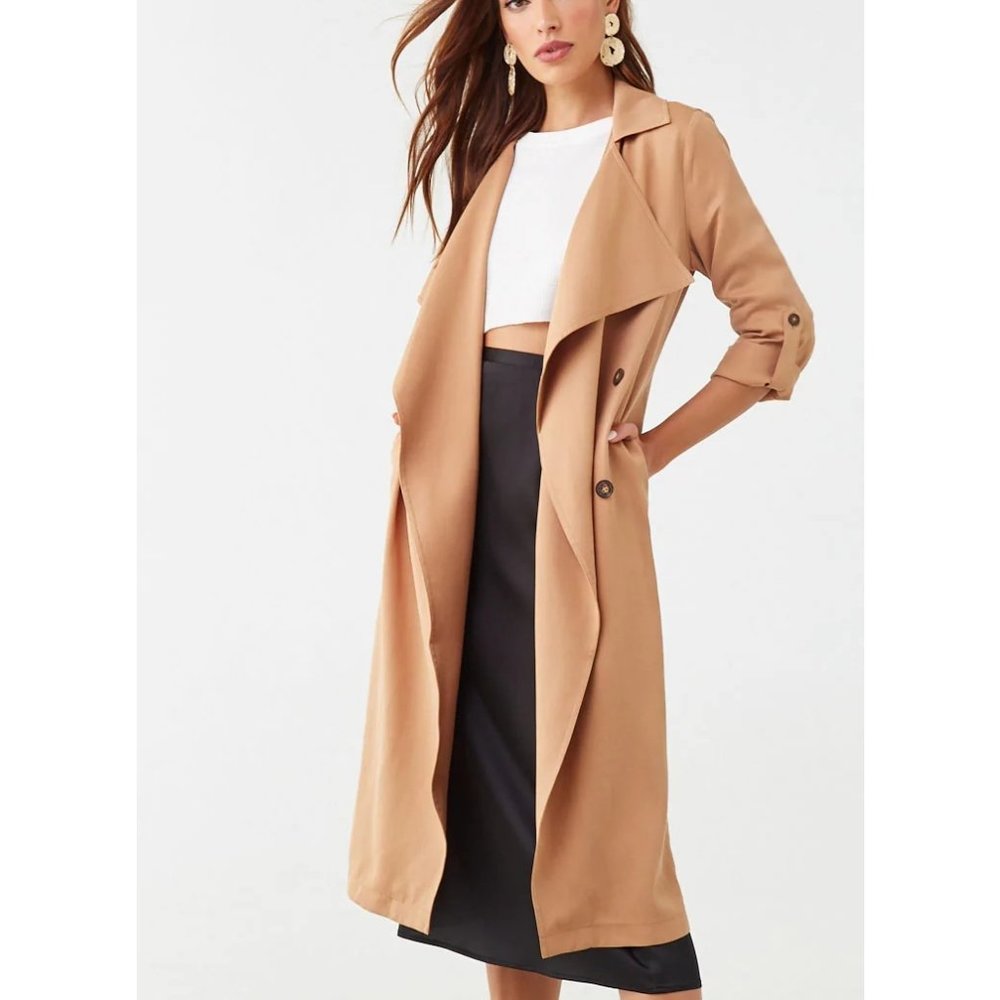 FOREVER 21 Women's sz Small Camel Brown Roll Up Sleeve Draped Front Trench Coat
